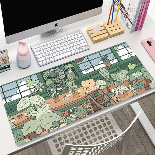 Cozy Bear Daytime Green Aesthetic Large Gaming Desk Mat Mousepad S-XXL